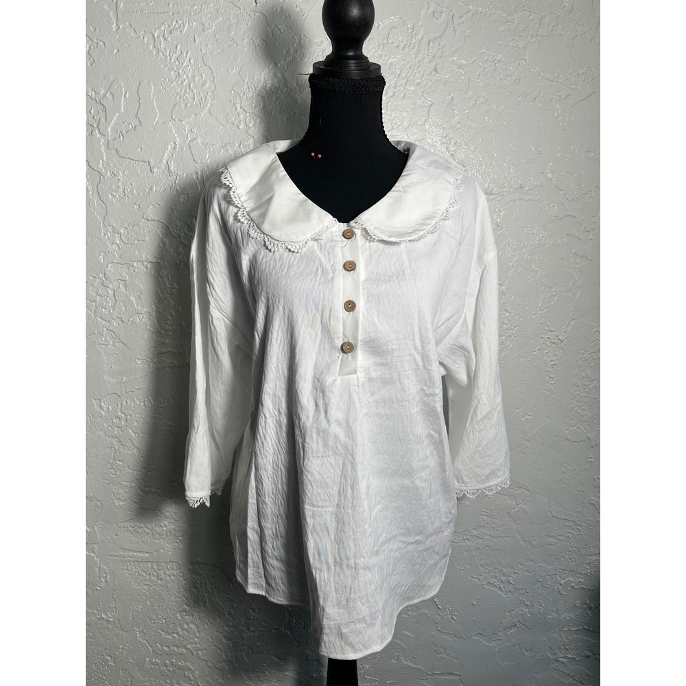 Amnfuil White Peter Pan Collar Lace Trim Tunic Blouse Size L NWT